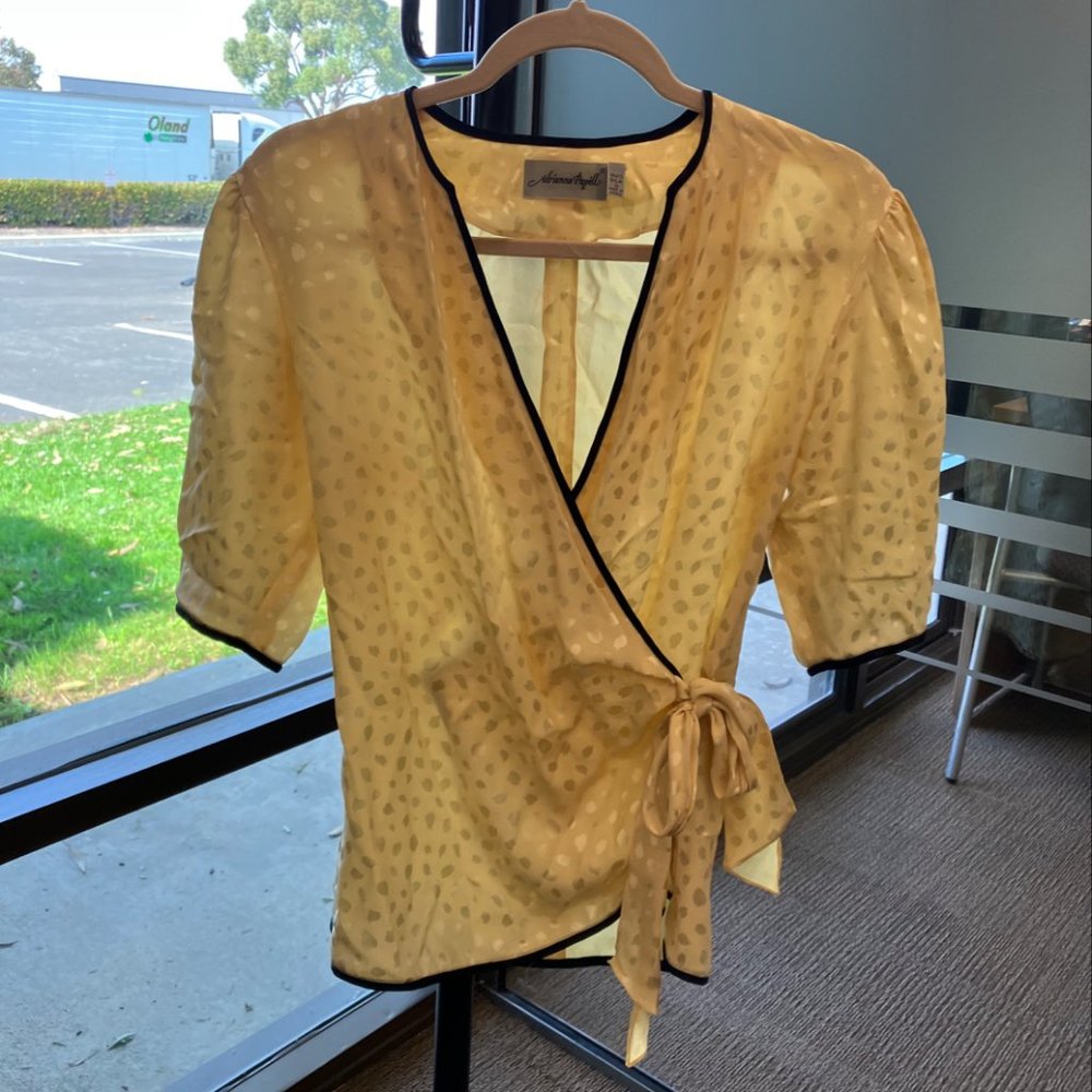Adrian Papell Vintage 100% Silk Yellow Top with Black Trim